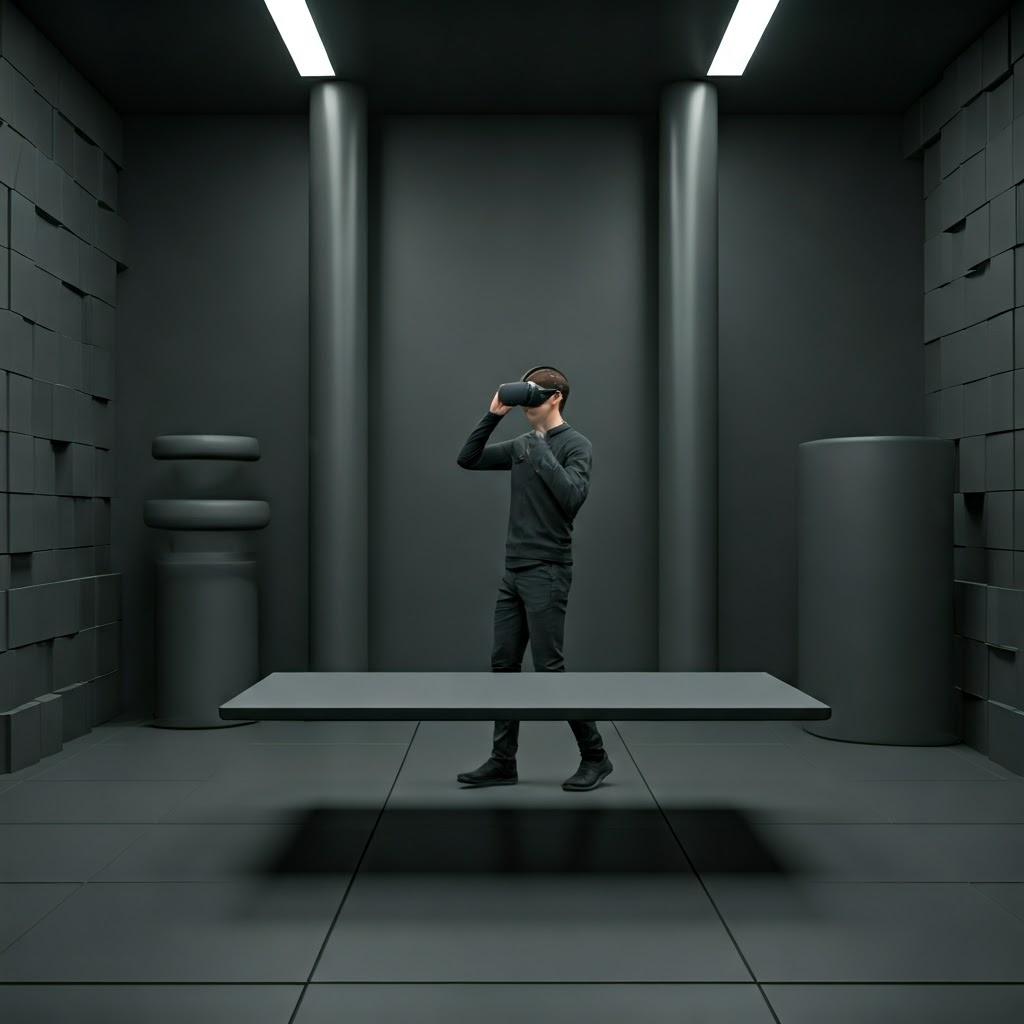 Minimal VR prototype of a grey room with simple blocks while a tester explores layout