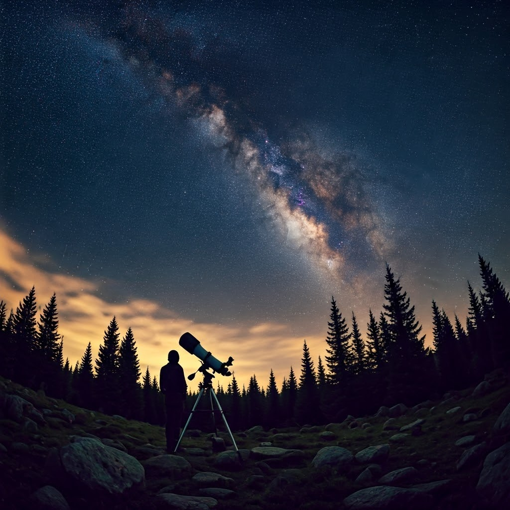 A lone stargazer on a mountain clearing studies the bright Milky Way band stretching across a deep-blue night sky