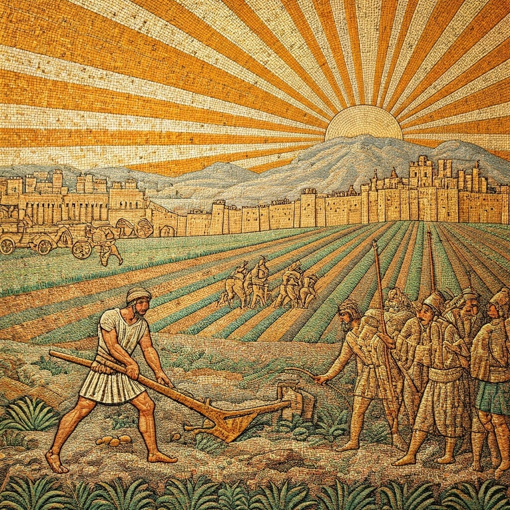 A mosaic shows farmers with bronze plows, merchants trading metal goods, and soldiers carrying bronze spears near growing city walls.