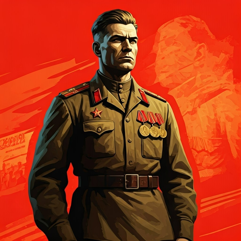 Stylized Soviet soldier poster honors wartime sacrifice and resolve for security.