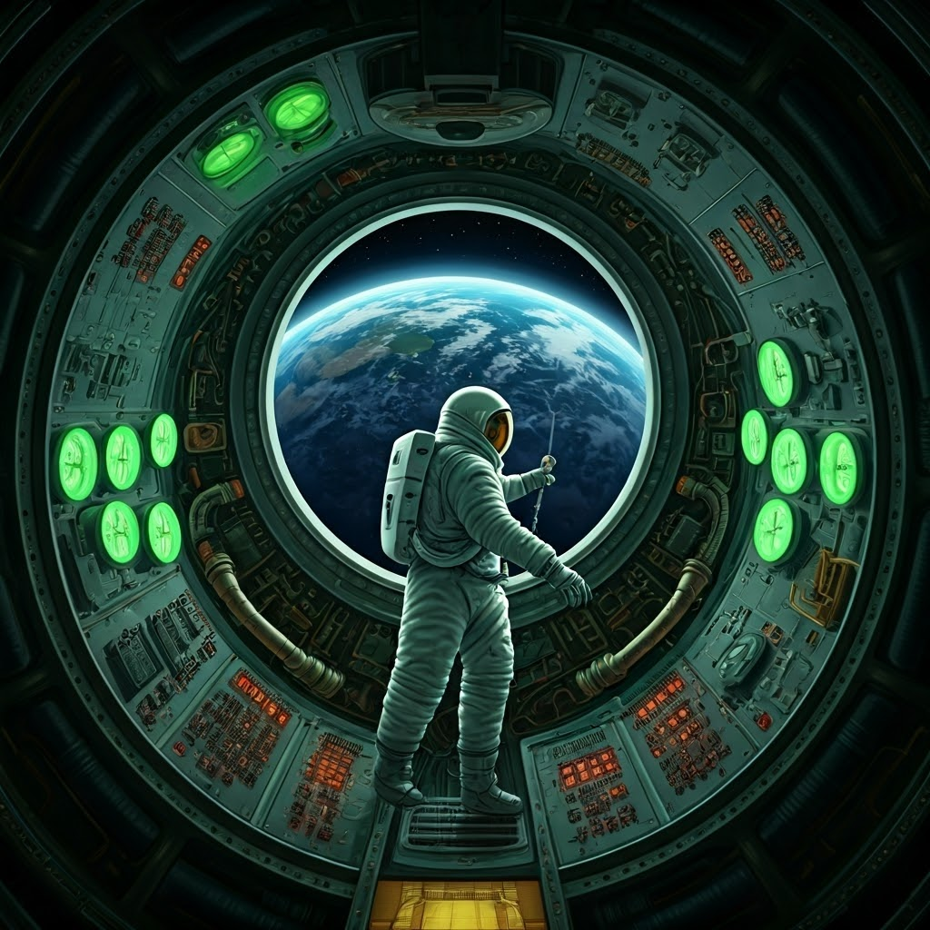 Cross-section of an Apollo-style capsule shows an astronaut adjusting cabin pressure while Earth glows outside.