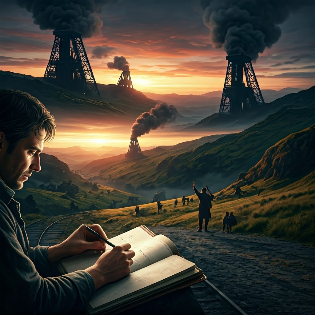 Evening montage of countryside engines thumping while miners celebrate deeper shafts—illustrates steam power spreading across Britain.