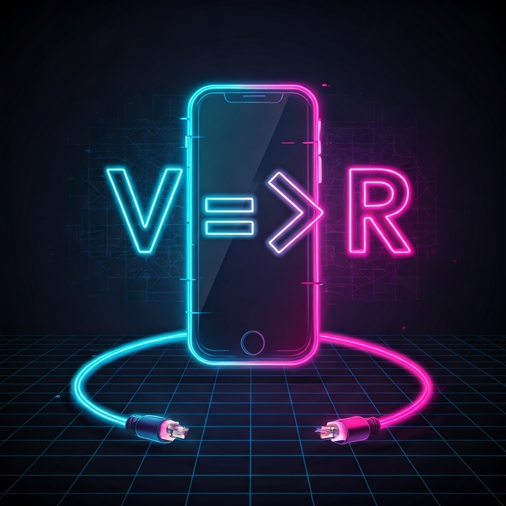 Glowing V = I×R formula with stylized phone and cable in retro neon graphics
