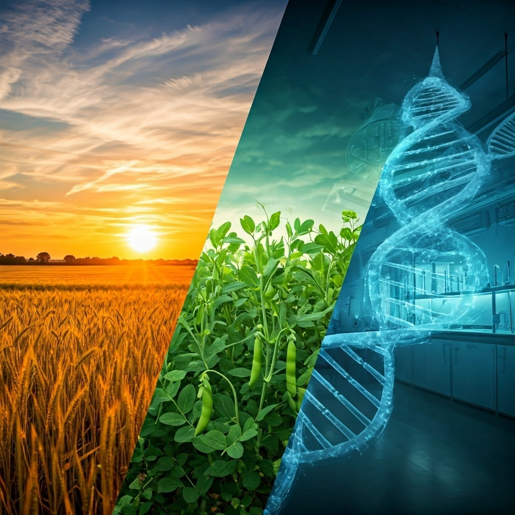 Collage links ancient farming, Mendel’s garden, and modern biotech, united by DNA strands.