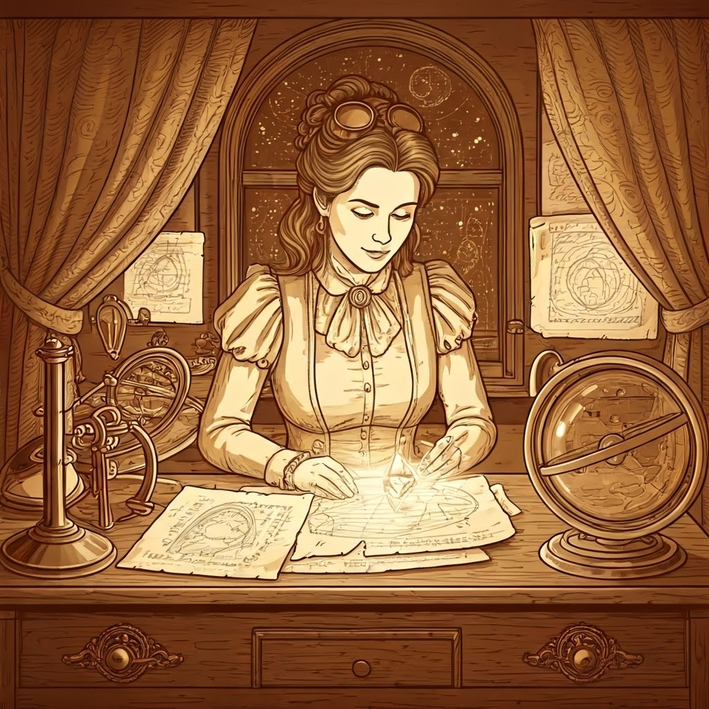 Sepia steampunk scene of Cecilia Payne studying stellar spectra with brass instruments and glowing prism