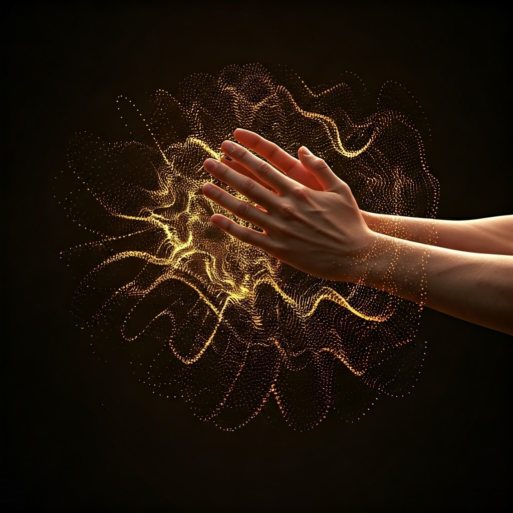 Two hands clapping as golden particles radiate outward, showing compressed air spreading as a wave.