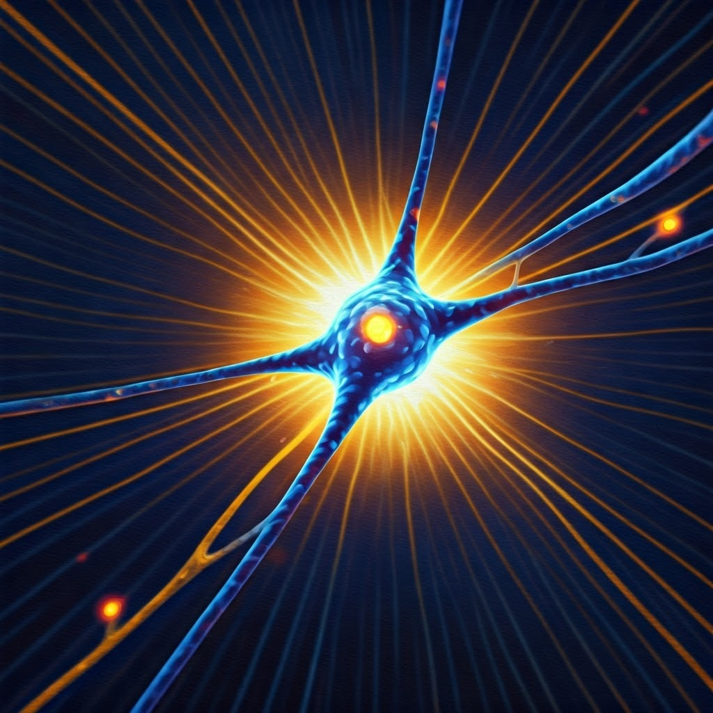 Fantasy oil painting visualizing sodium rushing in and potassium exiting during action potential.