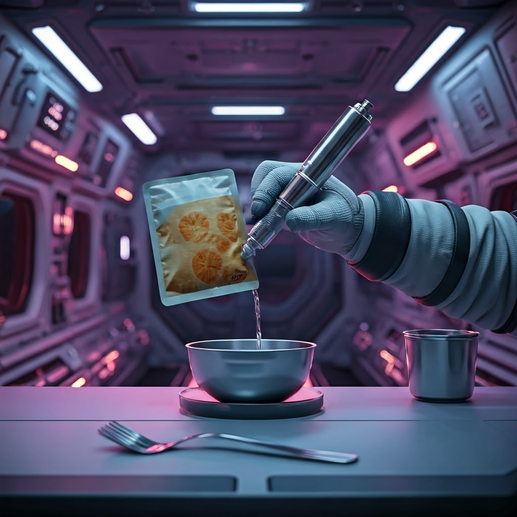 Astronaut rehydrates a freeze-dried meal in the galley while pouches and utensils float nearby.