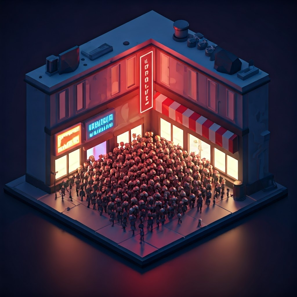 Busy digital storefront jammed by tiny characters blocking entry, representing a denial-of-service flood.