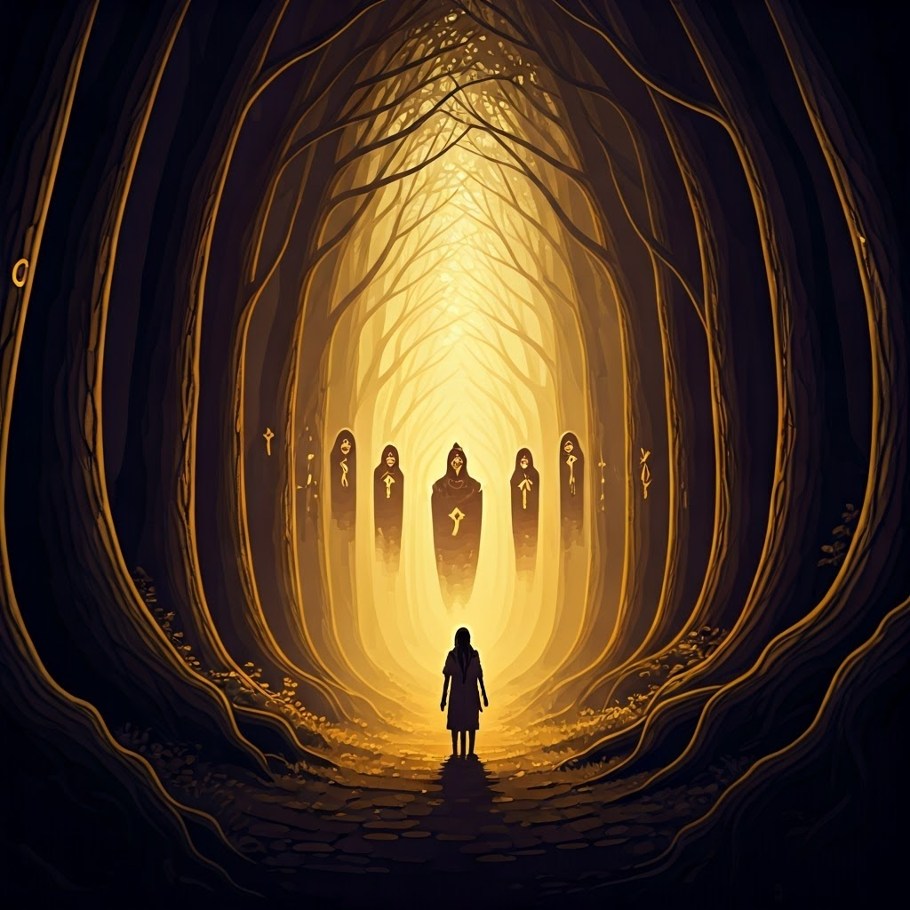 A shaman surrounded by floating ancestral spirits in a shadowy forest that feels like a natural cathedral