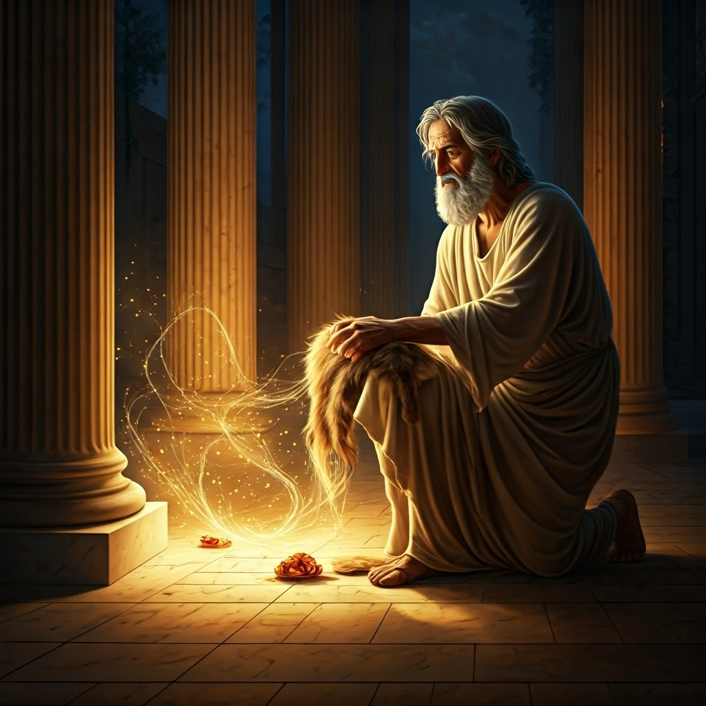 Greek philosopher rubbing amber with fur in a twilight courtyard, tiny electric sparks illustrate the earliest observation of static electricity.