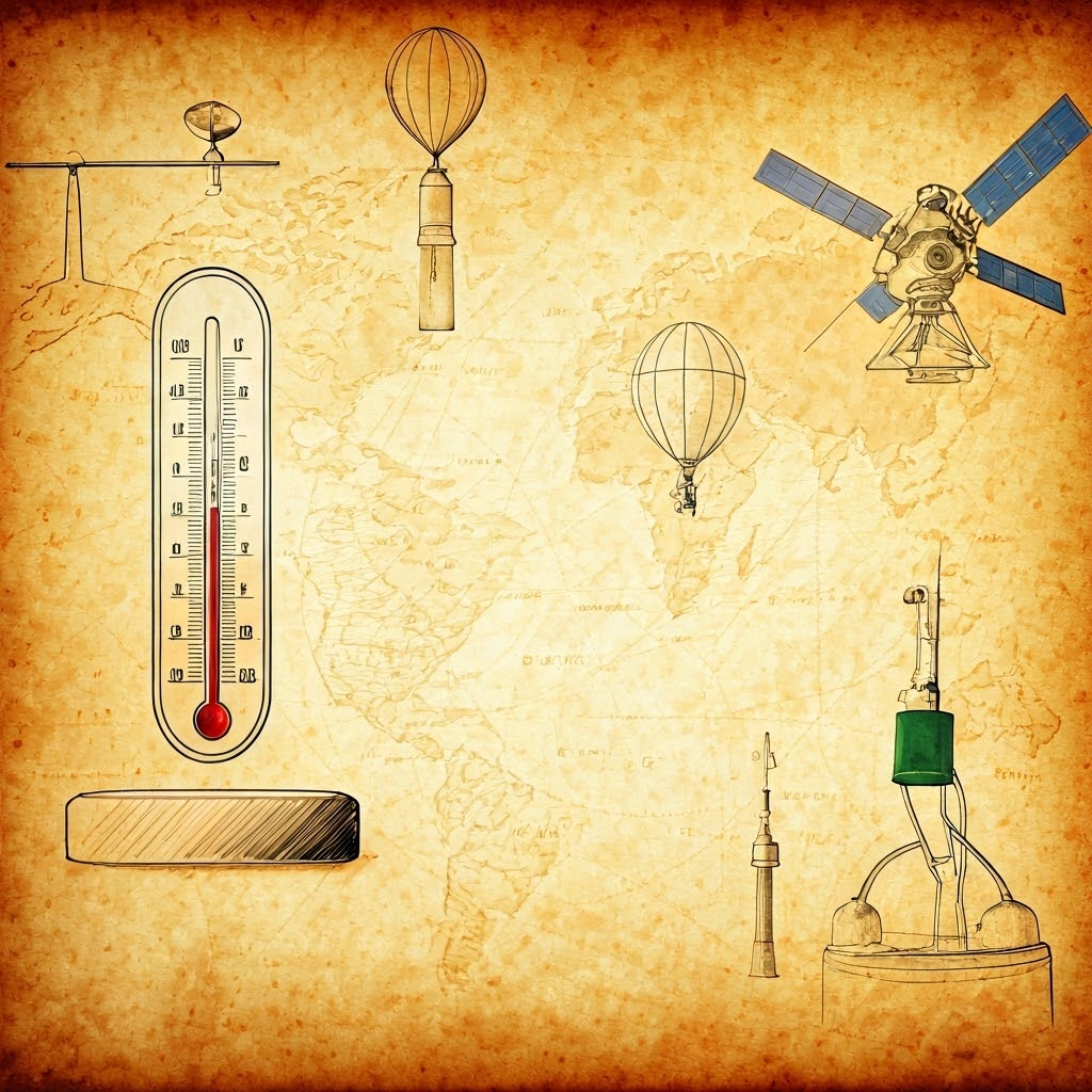 Vintage collage of thermometers, rain gauges, balloons, satellites, buoys, and Argo floats arranged around a world map.