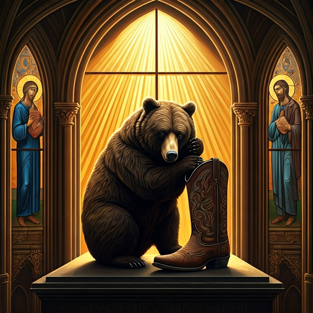 Stained-glass style image of a bear hug and cowboy boot on pedestals, representing symbolic gifts