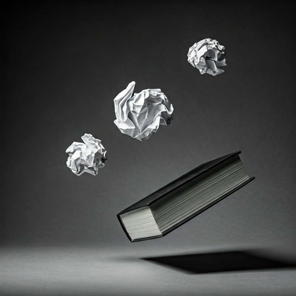 Heavy book and crumpled paper falling together in studio lighting