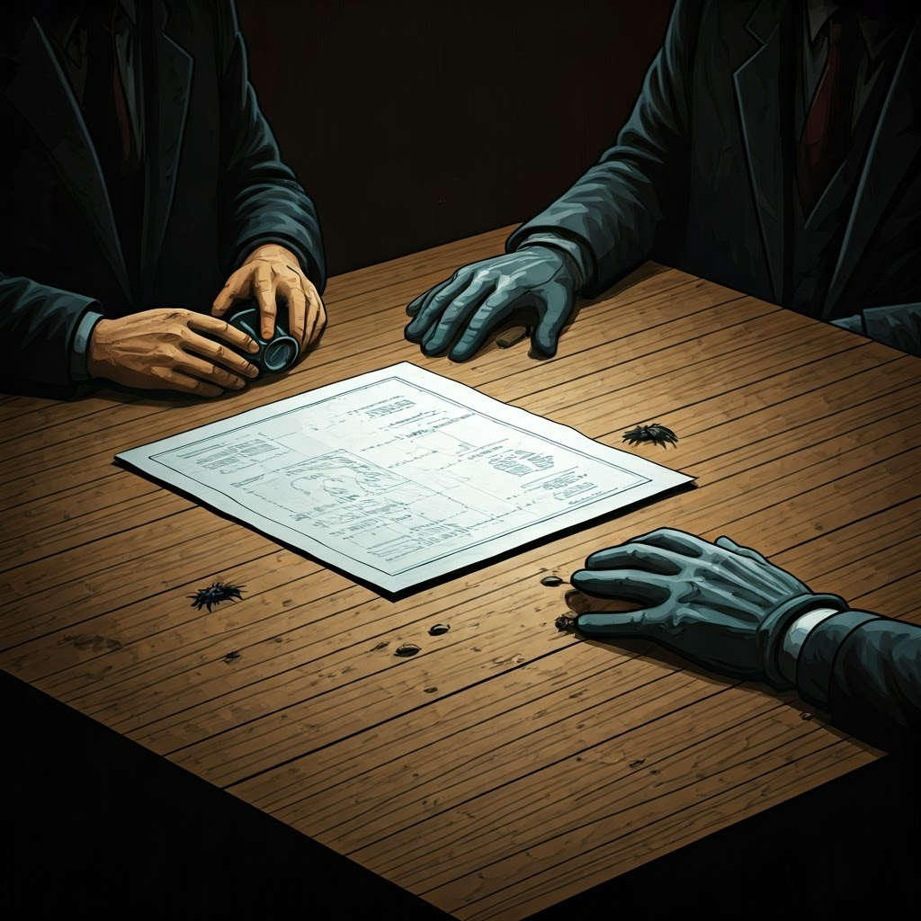 Noir illustration of gloved hands over nuclear blueprints with hidden bugs, symbolizing guarded trust