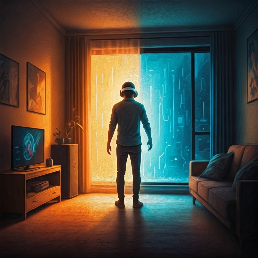 Painting of a user stepping from a living room into a vivid digital landscape.