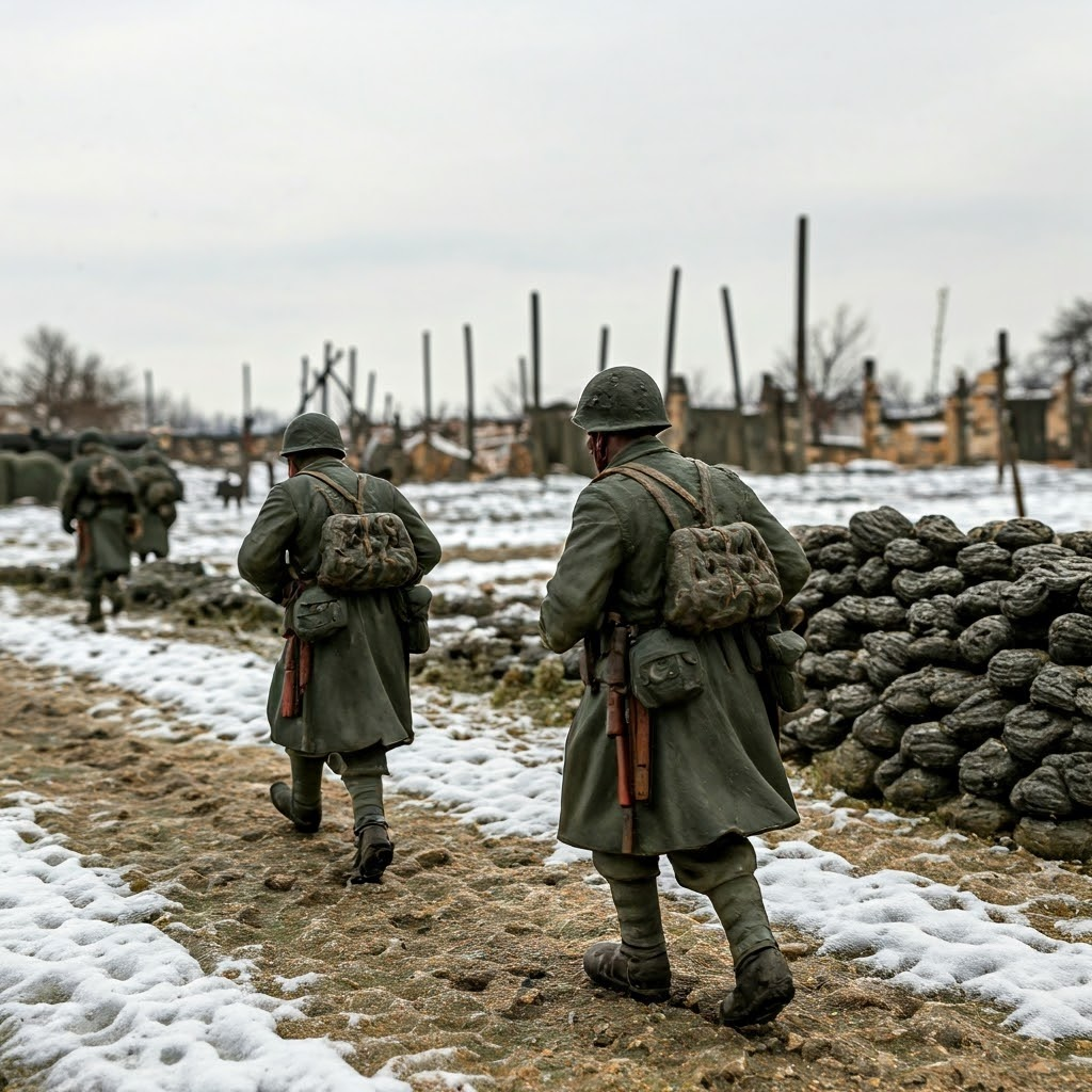Weary infantry trudging through snowy fields past ruined villages