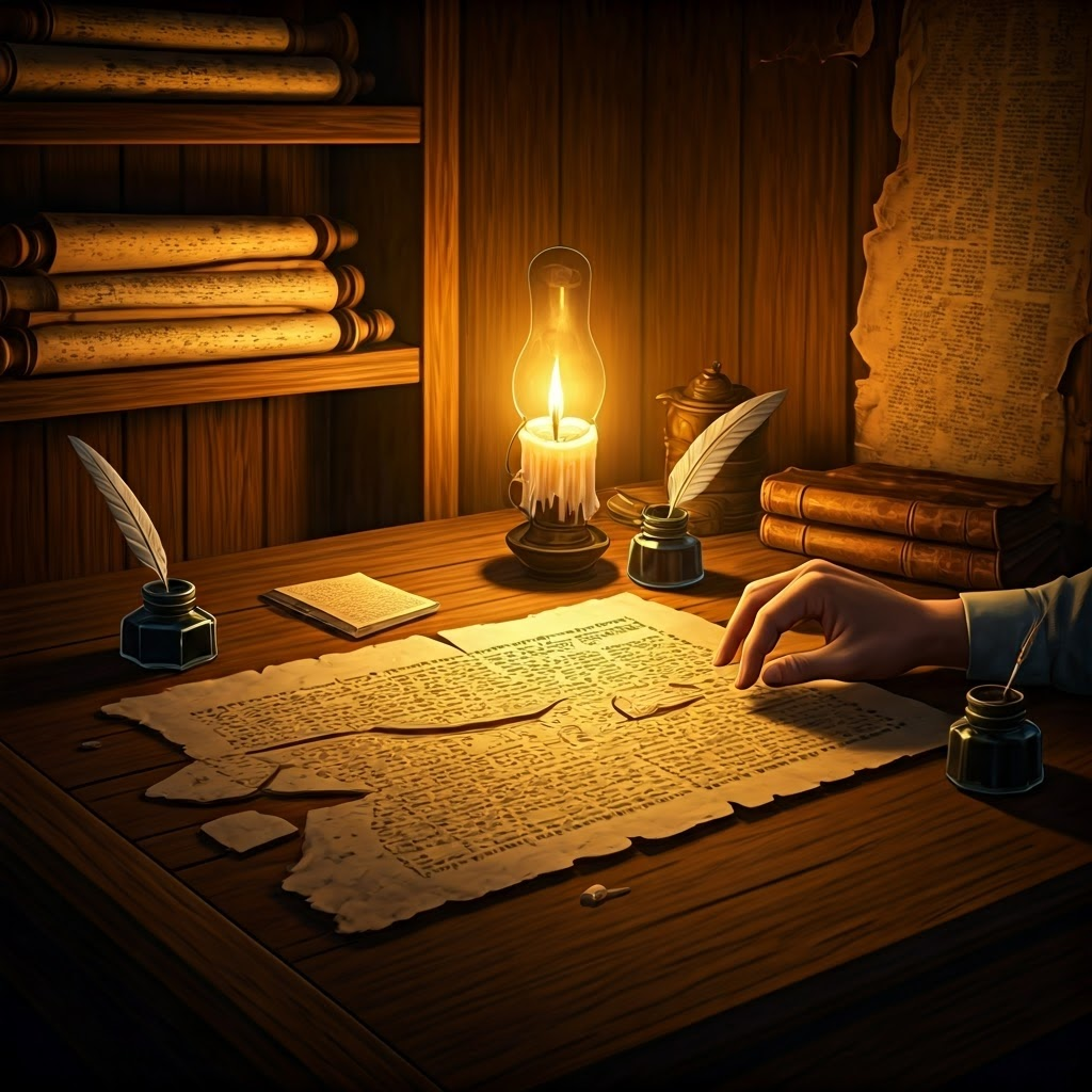 A shadowy study with scrolls and tablets captures the historian’s struggle to piece together fragmentary evidence.