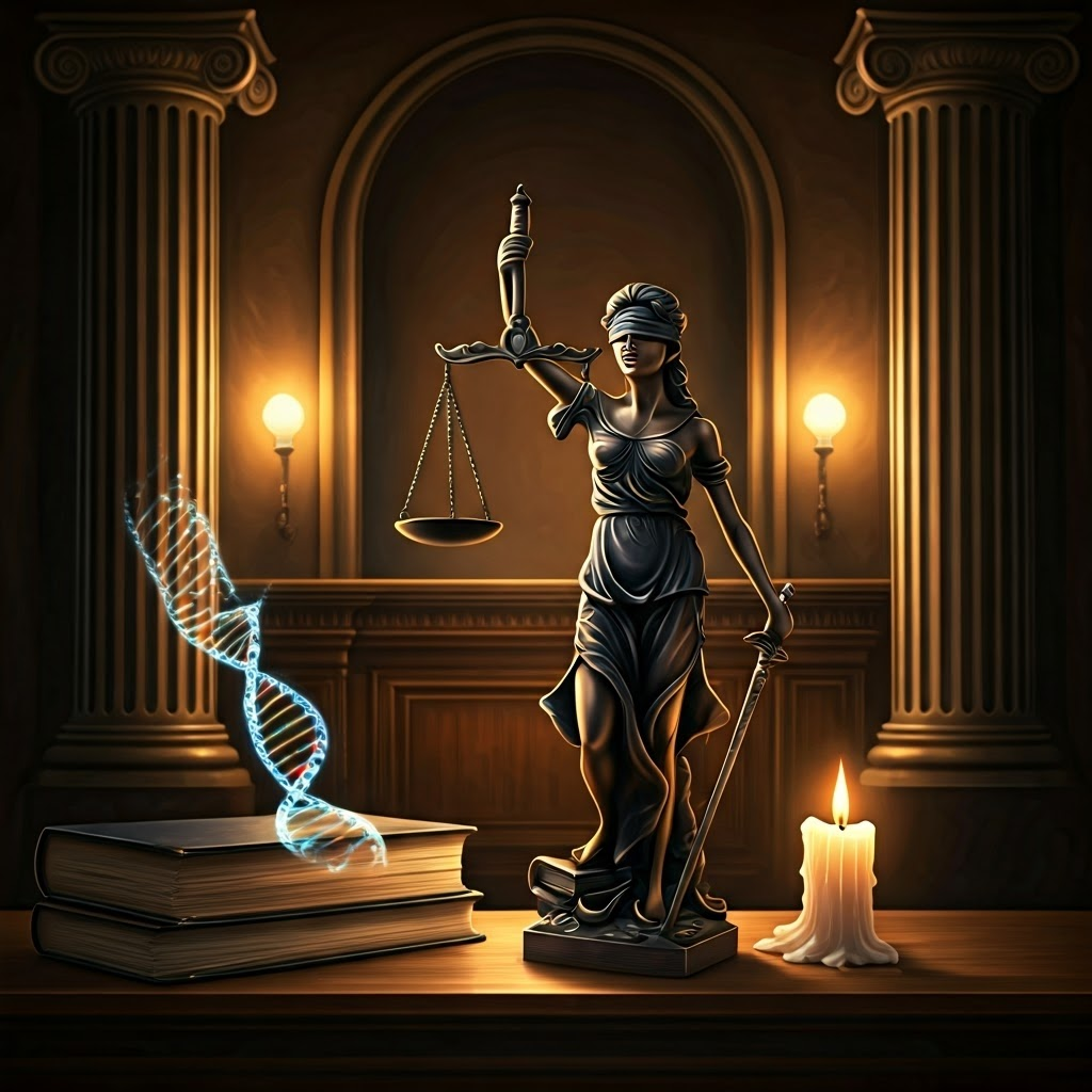 Scales of justice weigh glowing DNA against law books, reflecting tension between science and regulation.