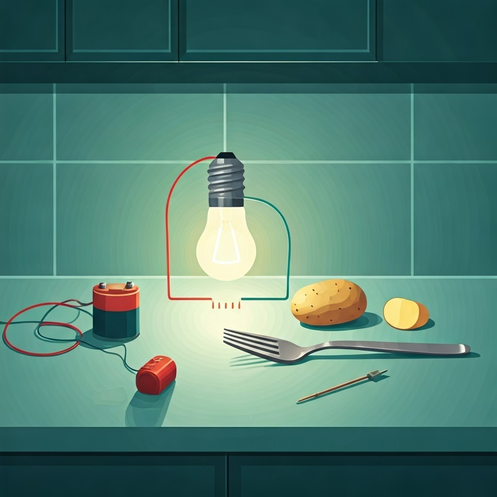 Kitchen countertop experiment with battery, wires, bulb, and household items testing conductivity