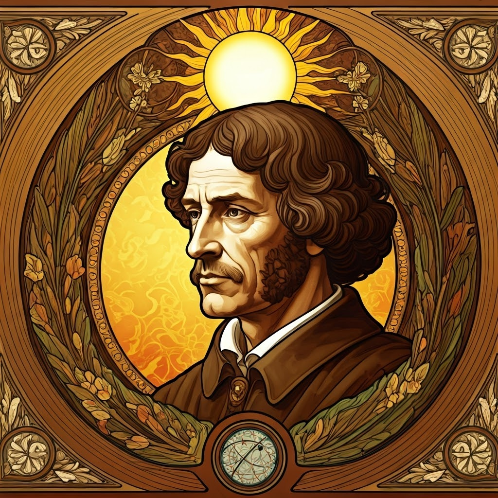 Art Nouveau scene depicting Copernicus with a radiant Sun at center.