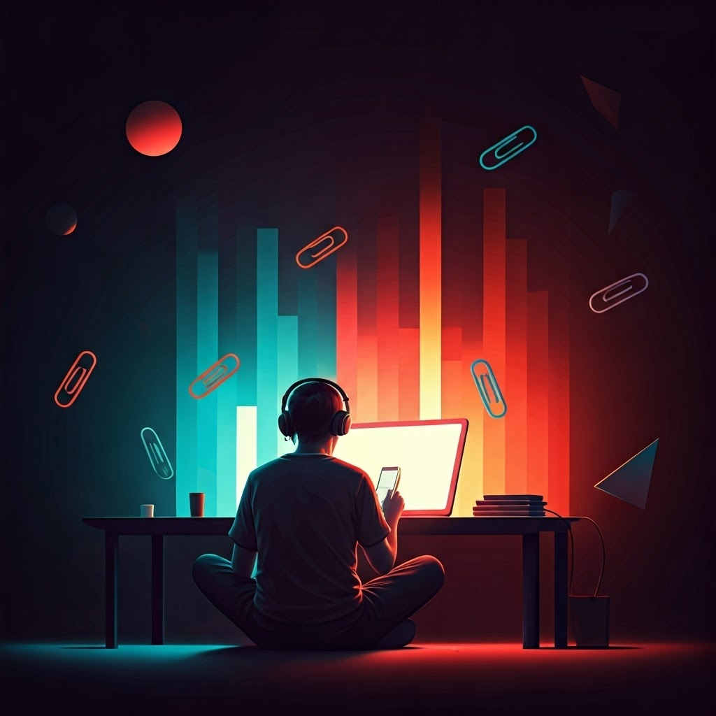 Colorful screen reacting to a person brainstorming new uses for a paperclip