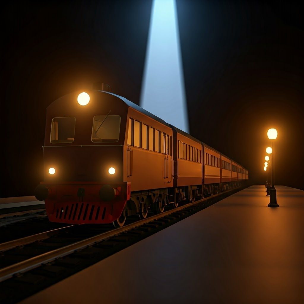 A beam of light appears straight inside a moving train but zigzags for someone on the platform, showing differing perspectives of time.
