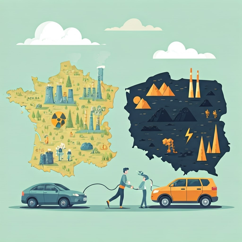 Two maps compare France’s low-carbon nuclear mix with Poland’s coal-heavy mix