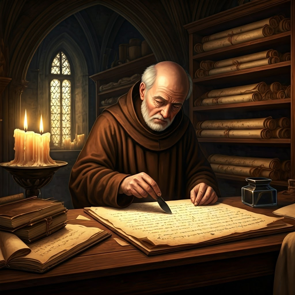 An elderly monk works by candlelight in a medieval scriptorium, carefully restoring a faded parchment to preserve classical literature for future generations.