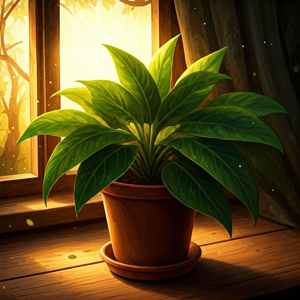 Houseplant with glowing green leaves leaning toward warm sunlight through an old wooden window, capturing the moment of phototropism in a cozy room