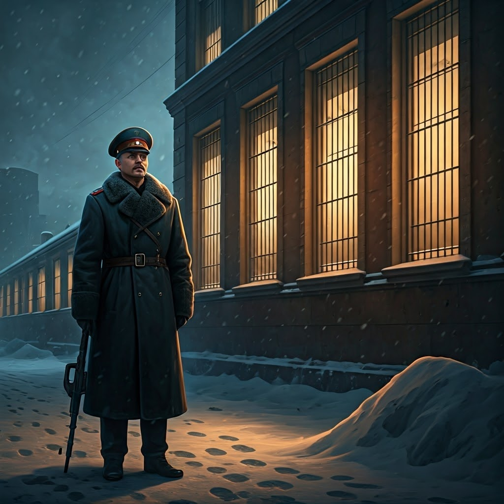 KGB officer stands outside austere Soviet building in winter, reflecting the USSR’s strict security culture