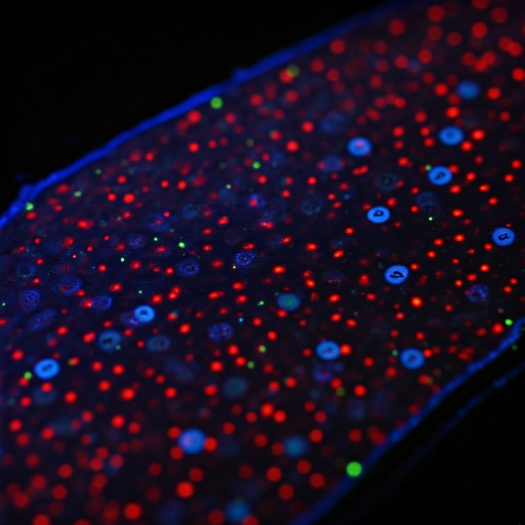Microscope photo of a fluorescent tissue slice with numbered spots marking in-situ sequencing locations.