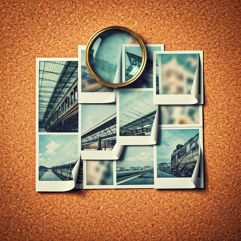 Vintage mosaic of peeling Polaroids—train station, faded letter, blurred face—under a hovering magnifying glass, hinting at clues half-seen.