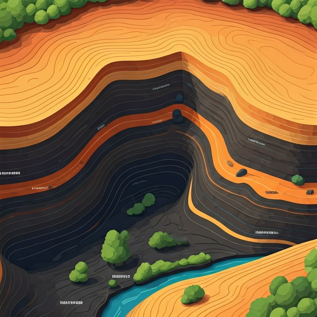Topographic vector graphic of terrain layers under Ironbridge, visualizing how resource proximity drove innovation.