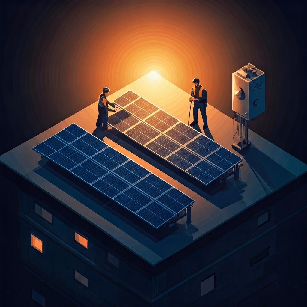 Rooftop photovoltaic panels at sunrise, symbolizing direct solar-to-electric conversion.