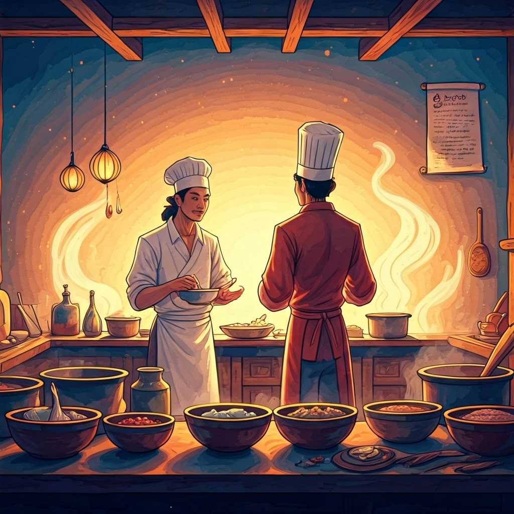 Colonial kitchen with Japanese and Spanish chefs improvising from a misread recipe, capturing creative outcomes of mistranslation.