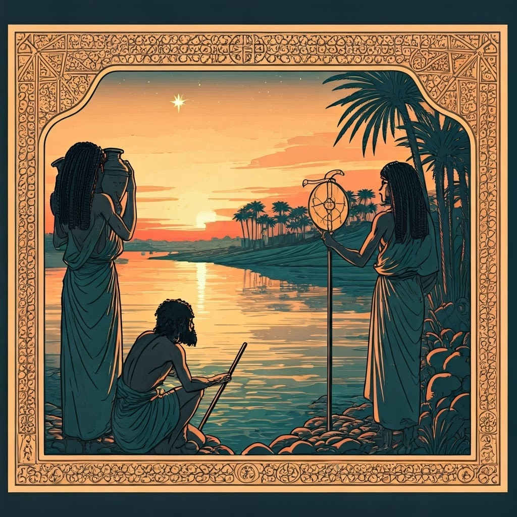 Japanese-style print of Nile farmers at sunrise noting Sirius in the sky to mark the new year and predict the flood.