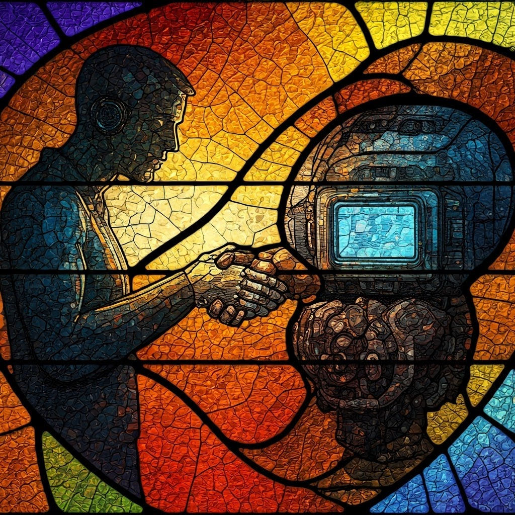 Stained-glass mosaic of a user, social feed, and AI handshake