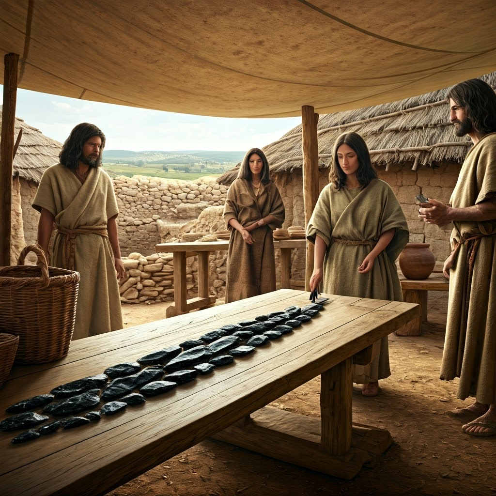 Neolithic traders at Çatalhöyük exchanging skins and baskets for glossy obsidian shards under canvas stalls