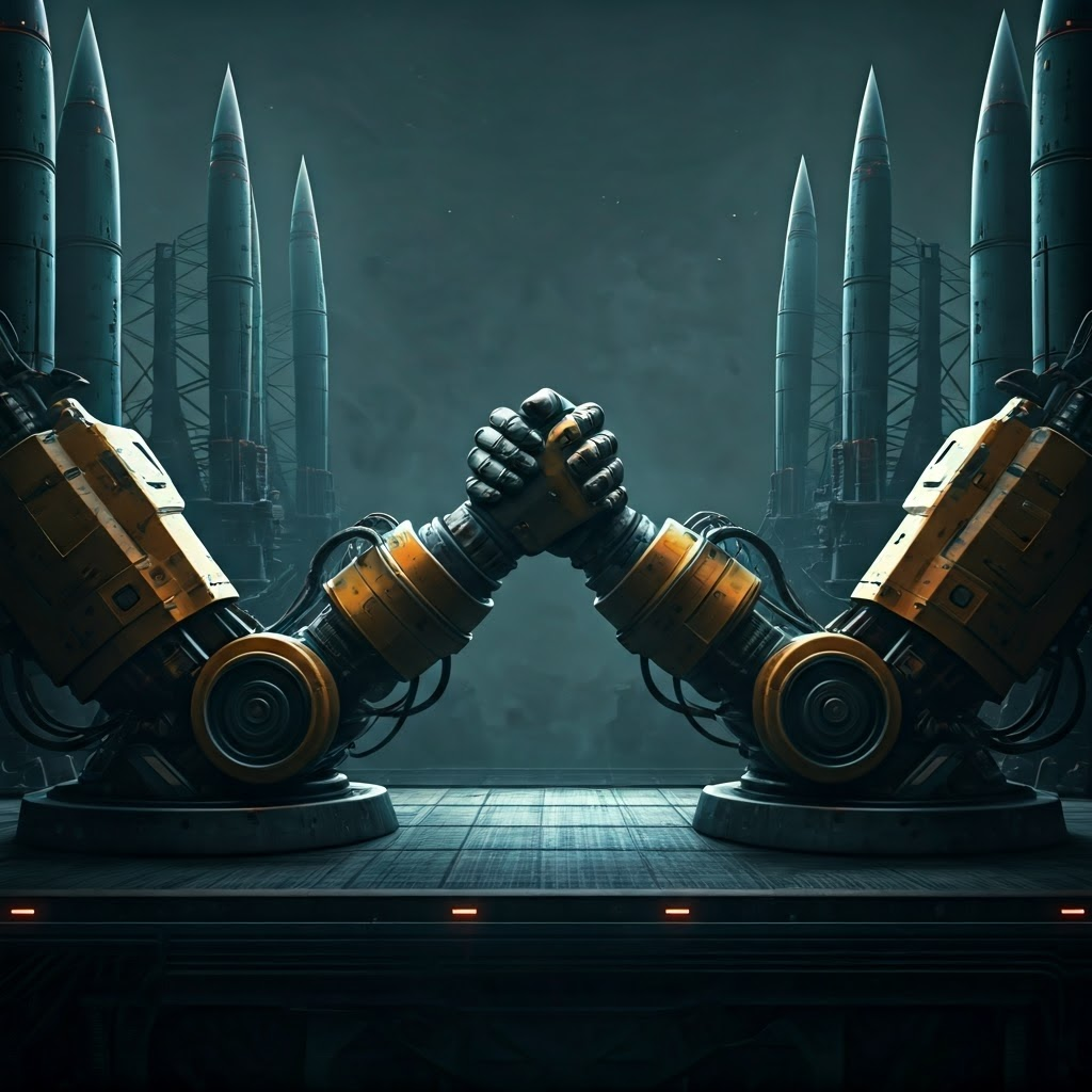 Robotic arms locked in endless arm-wrestling on an industrial platform, capturing the idea of mutual strain