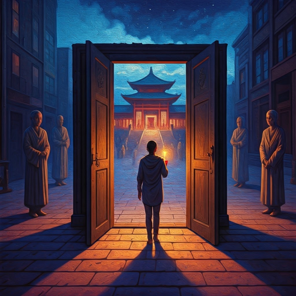 A surreal doorway scene where a person carrying a candle steps from a hectic city into a calm night courtyard under stars.
