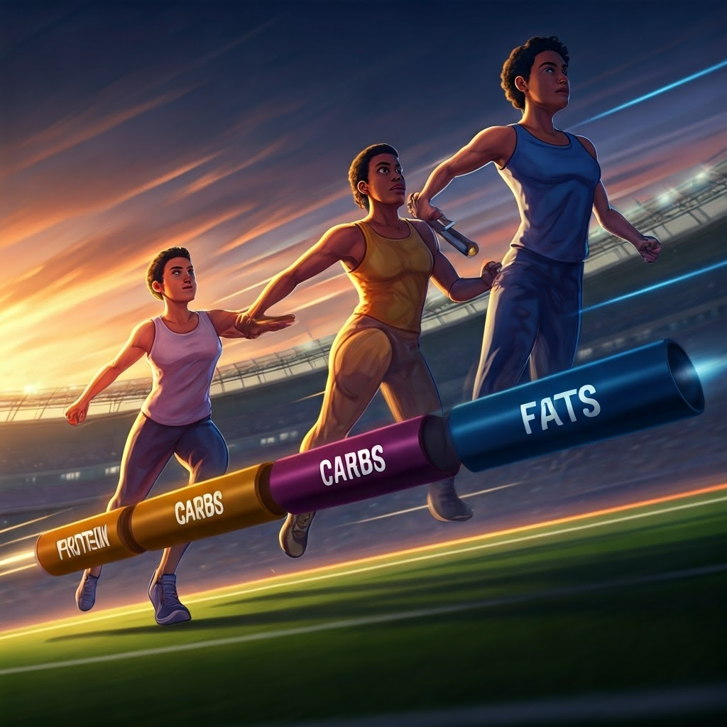 Storyboard illustration of three athletes passing batons labeled Protein, Carbs, and Fats, symbolizing teamwork among macros