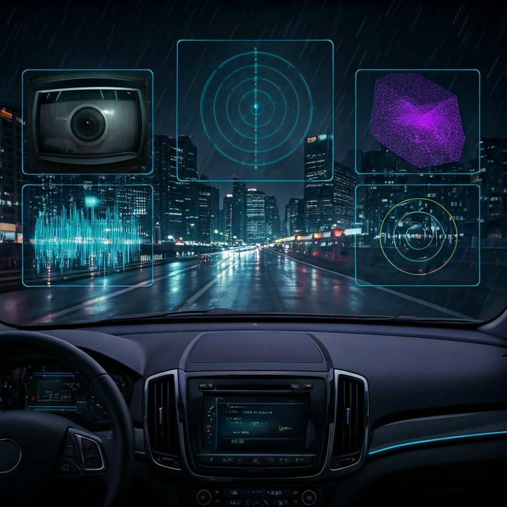 Inside cockpit view of sensor data overlays combining camera, radar, lidar, and ultrasonic feeds in neon holographic panels
