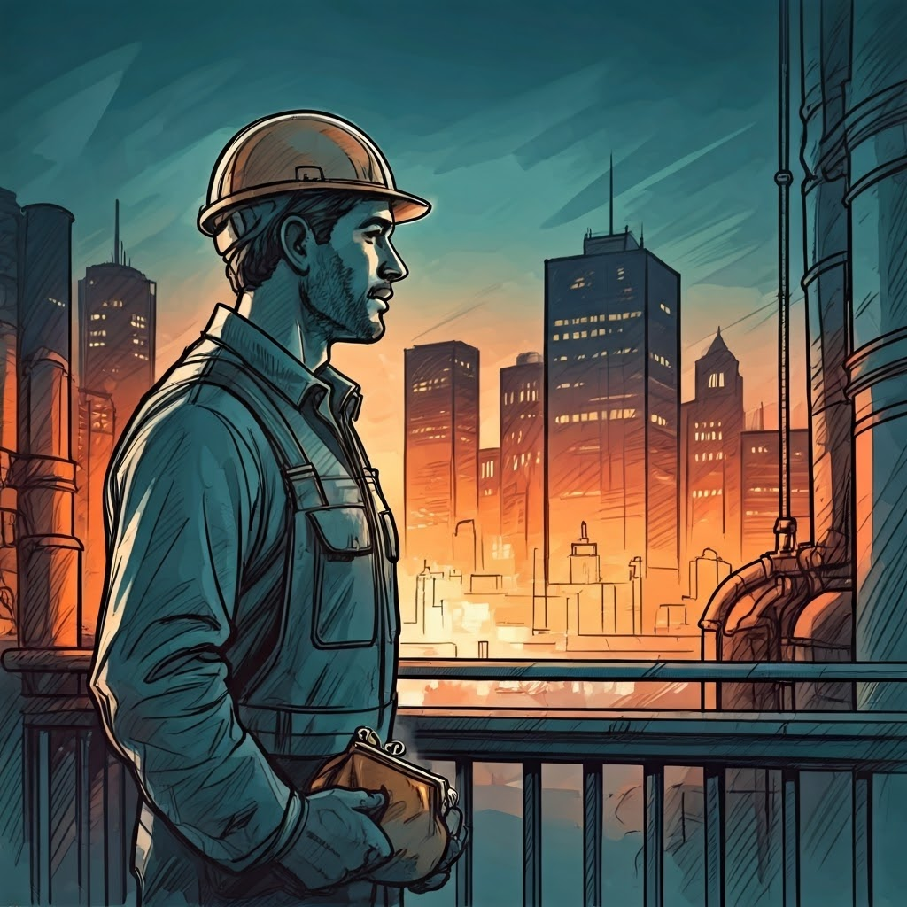Worker holding a small coin purse while gazing at a glowing city skyline at twilight