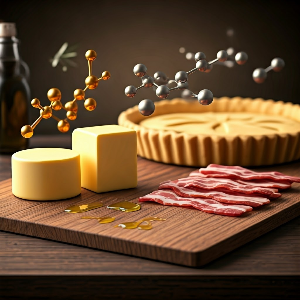 Butter, oil, and bacon displayed with flowing gold, silver, and bronze fatty-acid ribbons, emphasizing solid versus liquid fats.