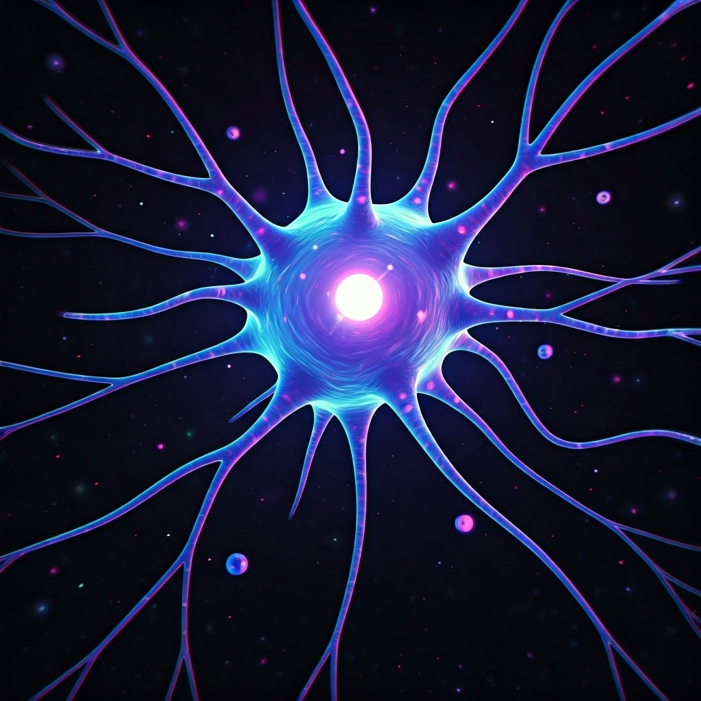 Glitch-art image of glowing neurons linked by pastel streams, with tiny oxytocin molecules sparkling between them