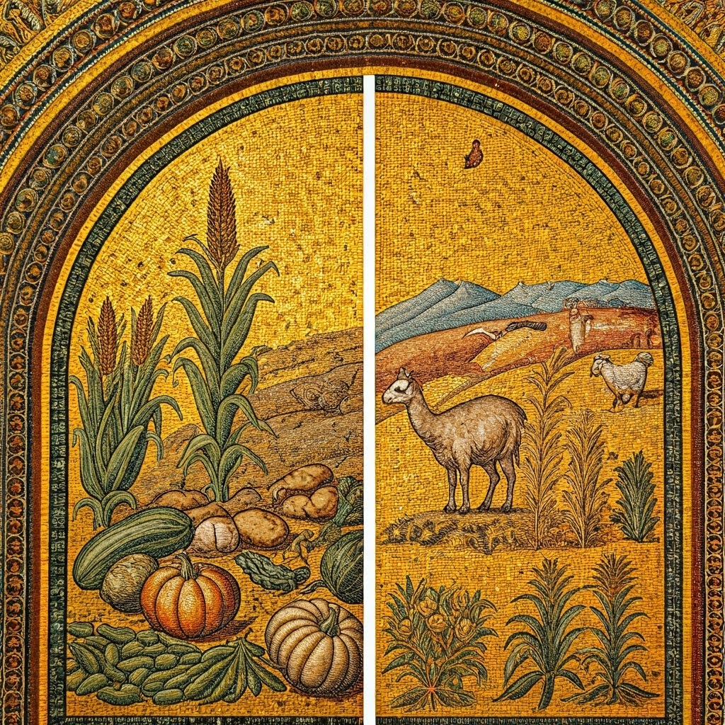 Mosaic split scene showing American maize and potatoes on one side, Old World wheat and livestock on the other