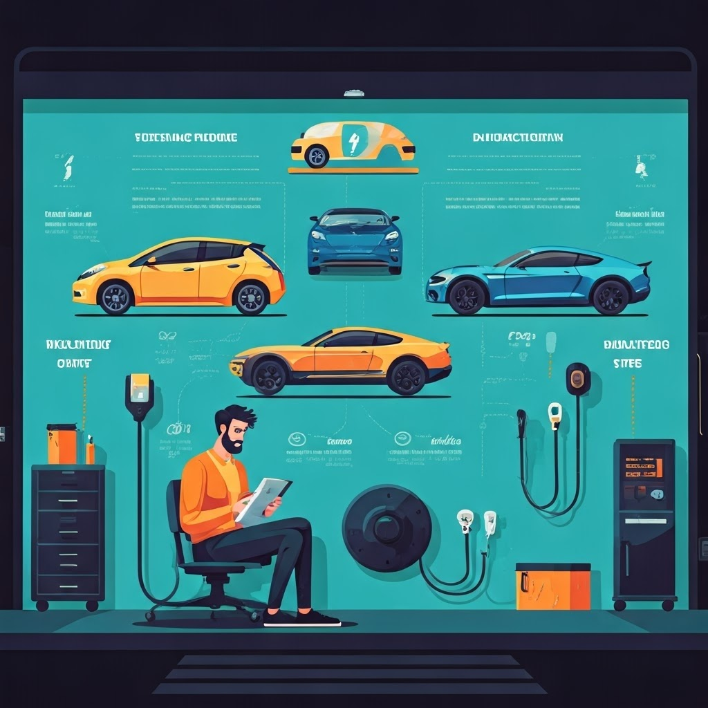 Garage wall chart linking car models to their compatible plugs, guiding drivers