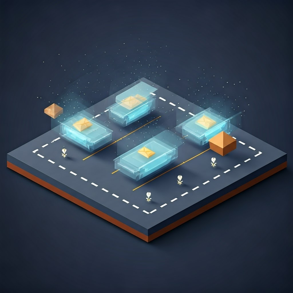 Low-poly digital highway showing streamlined data packets and protective shields gliding along bright lanes