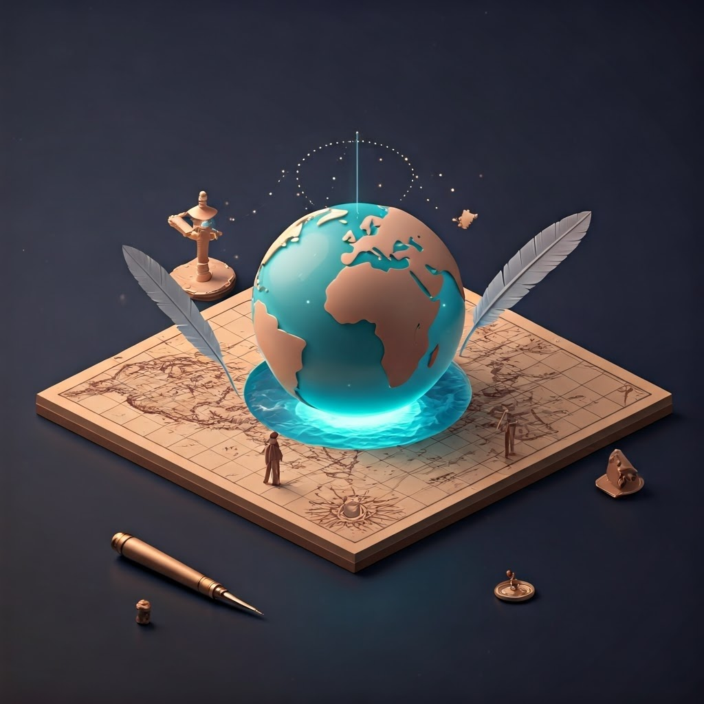 A glowing globe rises from a flat map while icons of faith, fortune, fame, and curiosity stand around it